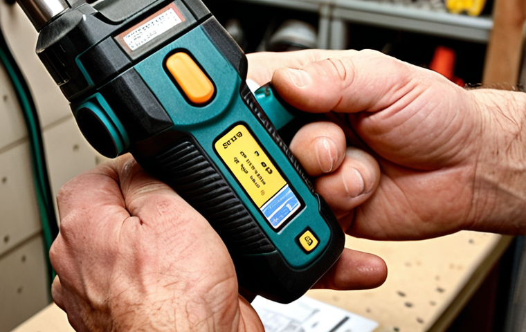 **
A close-up shot of a man's hands carefully inspecting a power drill. He's holding a receipt and warranty card. The background is slightly blurred, suggesting a hardware store or workshop. The overall tone is one of attentiveness and responsibility. Focus on the details: the texture of the tool, the clarity of the paperwork, and the man's expression. Include some tools in the background
**